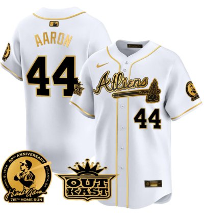 Hank Aaron Jersey 44 Atlanta Braves Atliens Patch Limited Stitched White Gold