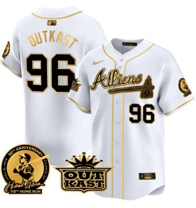 Outkast Jersey 96 Atlanta Braves Atliens Hank Aaron Patch Limited Stitched White Gold