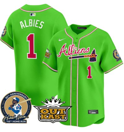 Ozzie Albies Jersey 1 Atlanta Braves Atliens Hank Aaron Patch Limited Stitched Bright Green