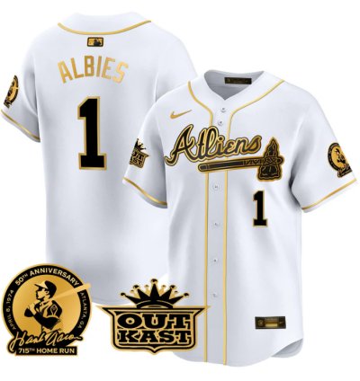 Ozzie Albies Jersey 1 Atlanta Braves Atliens Hank Aaron Patch Limited Stitched White Gold