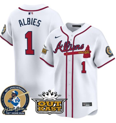 Ozzie Albies Jersey 1 Atlanta Braves Atliens Hank Aaron Patch Limited Stitched White