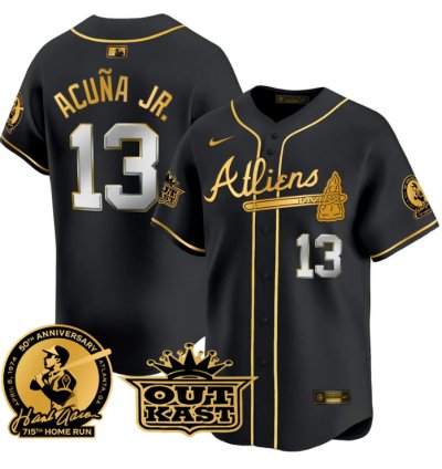 Ronald Acuna Jr Jersey 13 Atlanta Braves Atliens Hank Aaron Patch Limited Stitched Black Gold