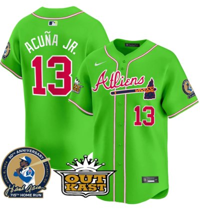 Ronald Acuna Jr Jersey 13 Atlanta Braves Atliens Hank Aaron Patch Limited Stitched Bright Green