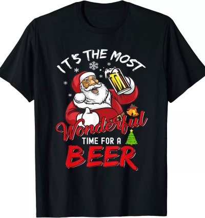 Funny Christmas Santa Claus Drinking Beer Wonderful Time T-shirt S-5xl