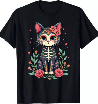 Mexican Heritage Cute Cat Sugar Skull With Flowers T-shirt S-5xl