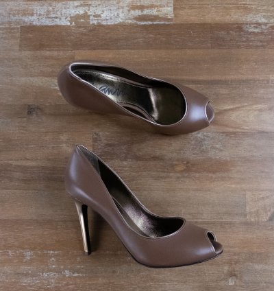 Lanvin Paris Brown Gold Peep Toe Leather Stiletto Pumps 38