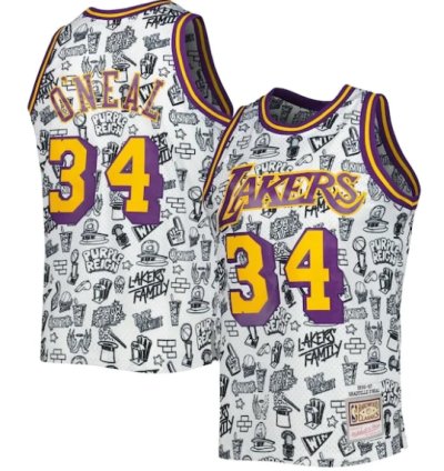 Shaquille Oneal Los Angeles Lakers 199697 Hardwood Classics Doodle Swingman Jersey - White