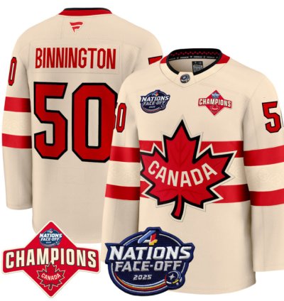 Mens Jordan Binnington Jersey 50 Canada 4 Nations Face-off 2025 Champions Cream