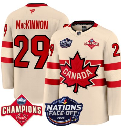 Mens Nathan Mackinnon Jersey 29 Canada 4 Nations Face-off 2025 Champions Cream