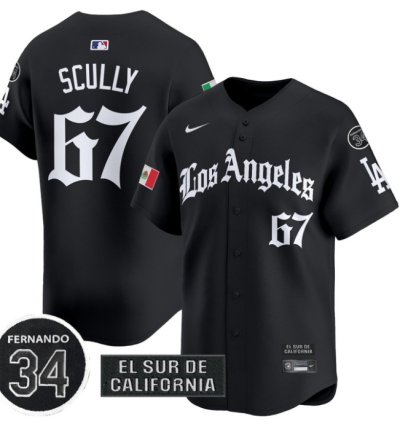Vin Scully Jersey 67 Dodgers Mexico 2025 La Gothic Style Patch Premier Limited Stitched Black