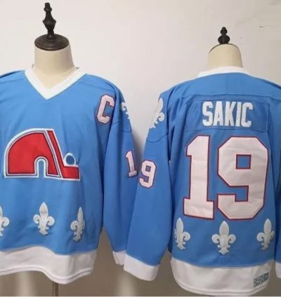 Mens Vintage Joe Sakic Jersey 19 Quebec Nordiques Stitched Light Blue