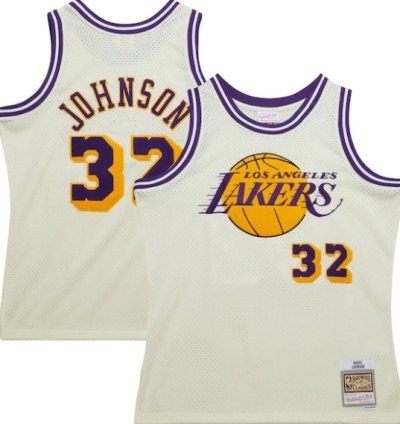 Magic Johnson Los Angeles Lakers Chainstitch Swingman Jersey - Cream