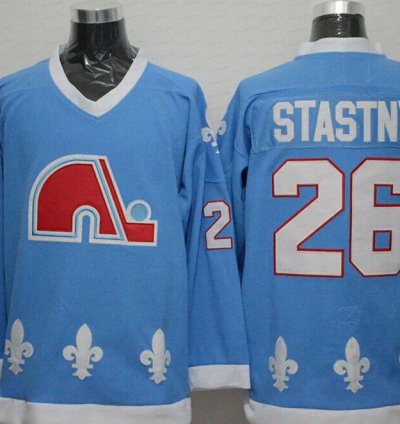 Mens Vintage Peter Stastny Jersey 26 Quebec Nordiques Stitched Light Blue