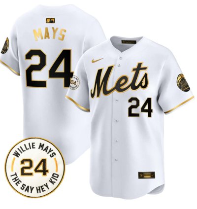 Willie Mays Jersey 24 New York Mets Willie Mays Patch Vapor Premier Limited Stitched White Gold