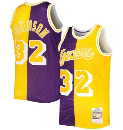 Magic Johnson Los Angeles Lakers Hardwood Classics 198485 Split Swingman Jersey - Purplegold