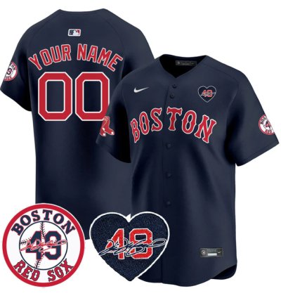 Custom Boston Red Sox Jersey Tim Wakefield Memorial Patch Stitched Navy
