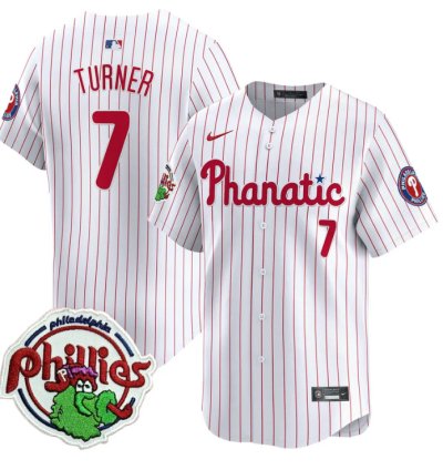 Trea Turner Jersey 7 Phillies Phanatic Patch Vapor Premier Limited Stitched White Pinstripe