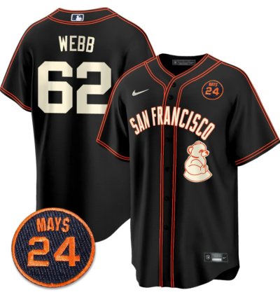 Logan Webb Jersey 62 San Francisco Giants 24 Willie Mays Patch 2024 Vapor Premier Black Limited