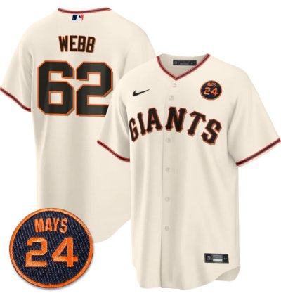Logan Webb Jersey 62 San Francisco Giants 24 Willie Mays Patch 2024 Vapor Premier Cream Home