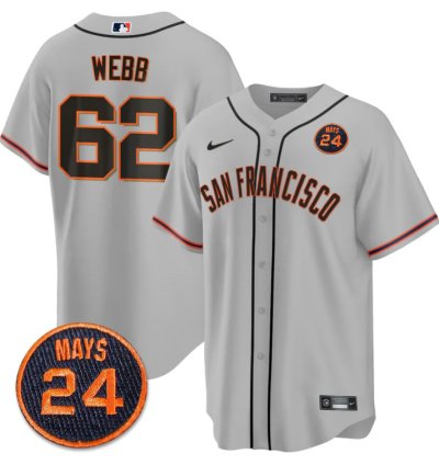 Logan Webb Jersey 62 San Francisco Giants 24 Willie Mays Patch 2024 Vapor Premier Gray