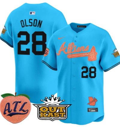 Matt Olson Jersey 28 Atlanta Braves Atliens Peach Vapor Premier Limited Stitched Light Blue
