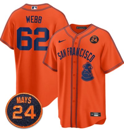 Logan Webb Jersey 62 San Francisco Giants 24 Willie Mays Patch 2024 Vapor Premier Orange Limited