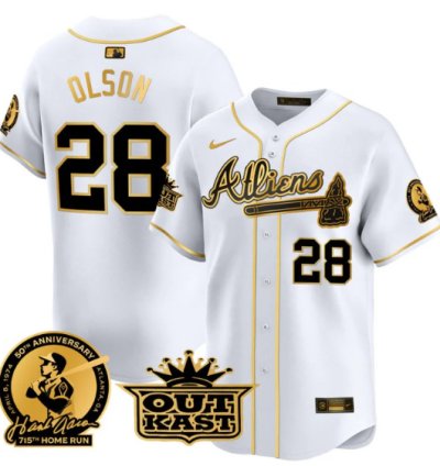 Matt Olson Jersey 28 Atlanta Braves Atliens Hank Aaron Patch Limited Stitched White Gold