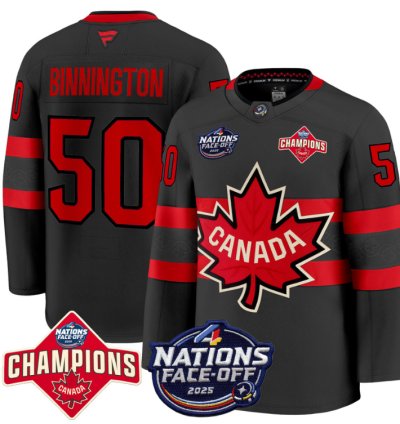 Mens Jordan Binnington Jersey 50 Canada 4 Nations Face-off 2025 Champions Black