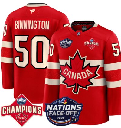 Mens Jordan Binnington Jersey 50 Canada 4 Nations Face-off 2025 Champions Red