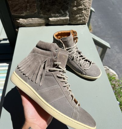 Saint Laurent Grey Fringe Suede Hi Top Sneakers
