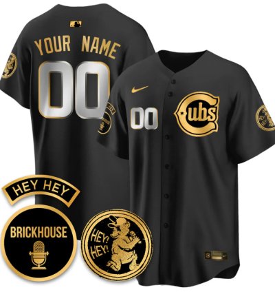 Custom Chicago Cubs Jersey Jack Brickhouse Hey Hey Patch Limited Stitched Black Gold