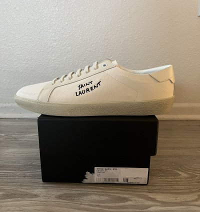 Saint Laurent Low Top Logo Canvas Sneaker Tan Cream Size 45
