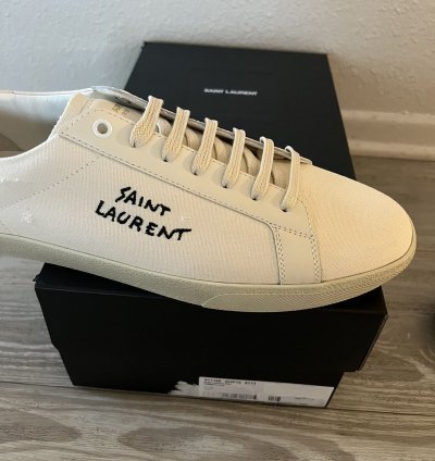 Saint Laurent Low Top Logo Canvas Sneaker Tan Cream Size 45
