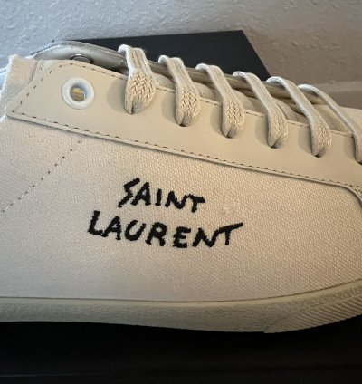 Saint Laurent Low Top Logo Canvas Sneaker Tan Cream Size 45