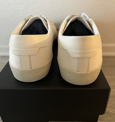 Saint Laurent Low Top Logo Canvas Sneaker Tan Cream Size 45