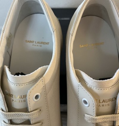 Saint Laurent Low Top Logo Canvas Sneaker Tan Cream Size 45