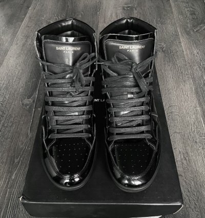 Saint Laurent Paris Patent Leather Black High Top Sneakers