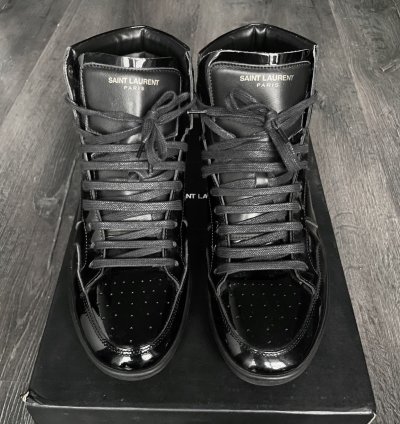 Saint Laurent Paris Patent Leather Black High Top Sneakers