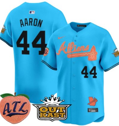 Hank Aaron Jersey 44 Atlanta Braves Atliens Peach Vapor Premier Limited Stitched Light Blue