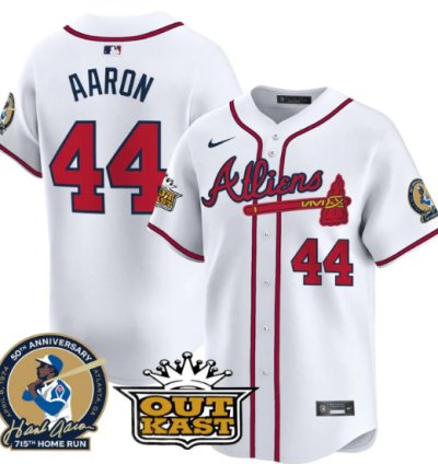 Hank Aaron Jersey 44 Atlanta Braves Atliens Patch Limited Stitched White