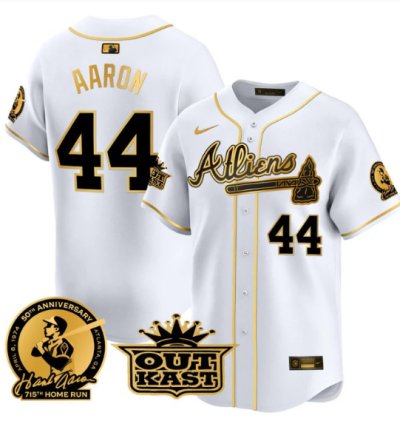Hank Aaron Jersey 44 Atlanta Braves Atliens Patch Limited Stitched White Gold