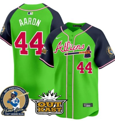 Hank Aaron Jersey 44 Atlanta Braves Atliens Patch Limited Stitched Green Alternate