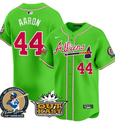Hank Aaron Jersey 44 Atlanta Braves Atliens Patch Limited Stitched Bright Green