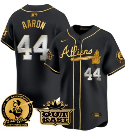 Hank Aaron Jersey 44 Atlanta Braves Atliens Patch Limited Stitched Black Gold