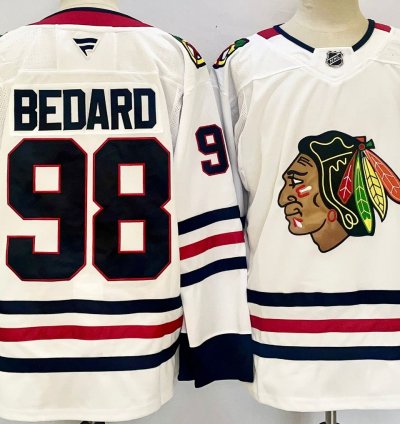 Mens Connor Bedard Jersey 98 Chicago Blackhawks 2025 White Away Stitched