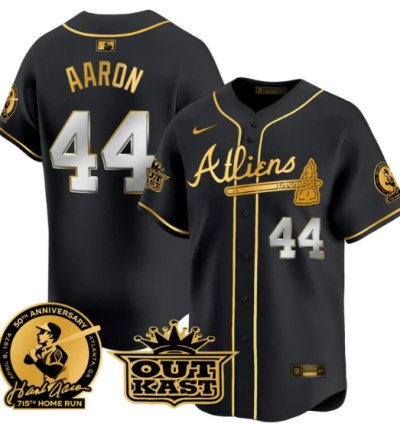 Hank Aaron Jersey 44 Atlanta Braves Atliens Patch Limited Stitched Black Gold