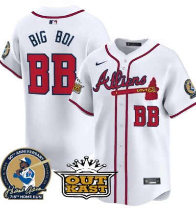 Big Boi Jersey bb Atlanta Braves Atliens Hank Aaron Patch Limited Stitched White