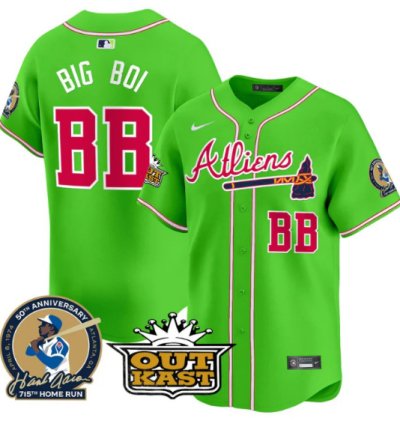 Big Boi Jersey bb Atlanta Braves Atliens Hank Aaron Patch Limited Stitched Bright Green