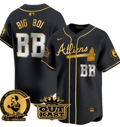 Big Boi Jersey bb Atlanta Braves Atliens Hank Aaron Patch Limited Stitched Black Gold