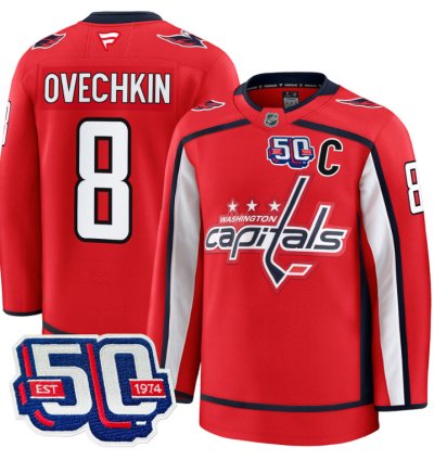 Men Alex Ovechkin Jersey 8 Washington Capitals 50th Anniversary V2 Red